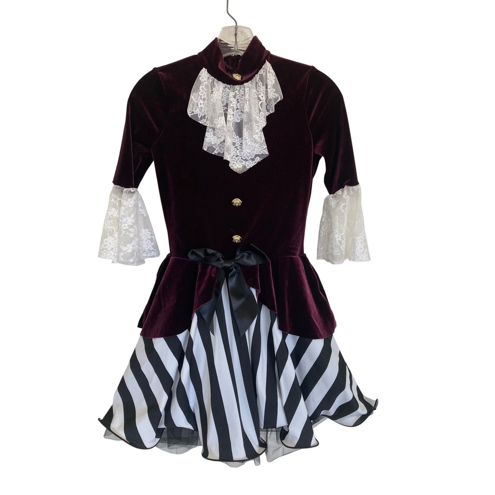 Weissman Burgundy Velvet Lace Jabot Striped Dance Costume Dress 13539 Small SA